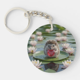 Cute July Hedgehog with Ruby Heart Key Ring