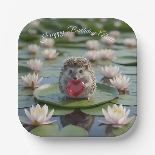 Cute July Hedgehog with Ruby Heart Paper Plate (Front)
