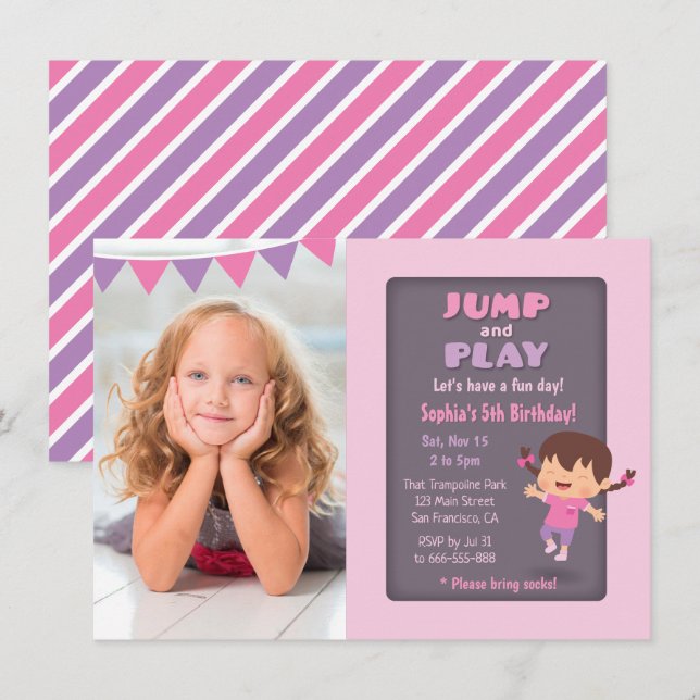 Cute Jump Girl Trampoline Photo Birthday Party Invitation (Front/Back)