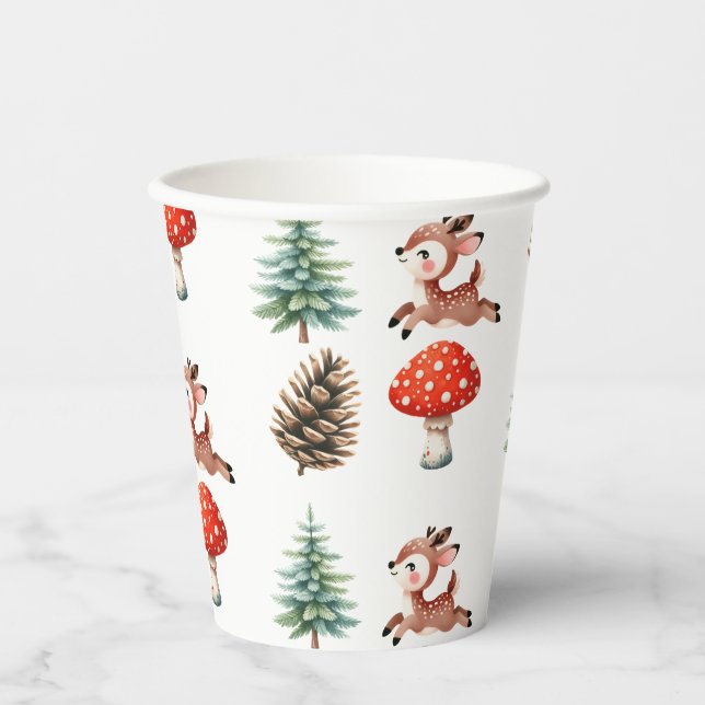 Cute Jumping Baby Reindeer Over Mushroom Christmas Paper Cups (Front)