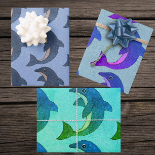 Cute Jumping Blue White Purple Green Dolphins Wrapping Paper Sheet