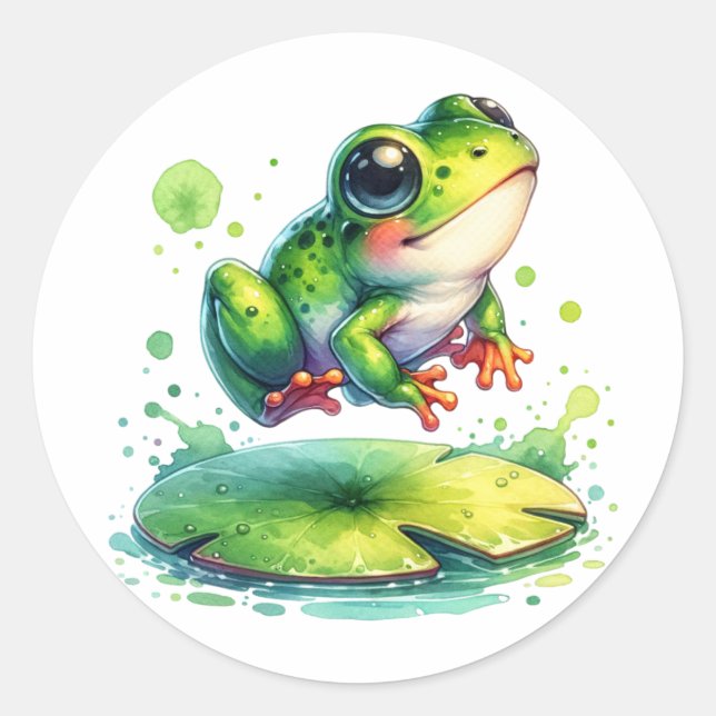 Cute Jumping Frog Whimsical Ai Art Classic Round Sticker (Front)