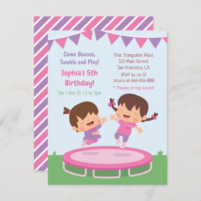 Cute Jumping Girls Trampoline Birthday Party Invitation (Front/Back)