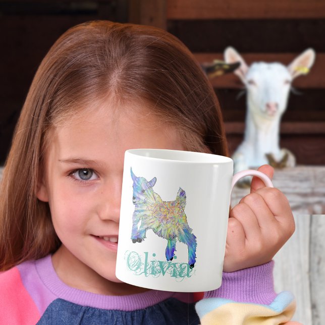 Cute Jumping Goat Animal Art add Name Coffee Mug (Cute jumping baby goat custom mug for goat lovers)
