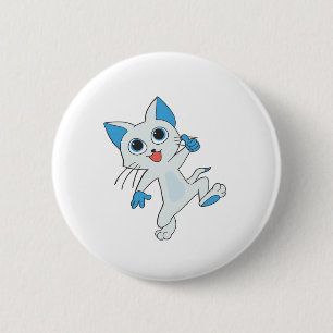 CUTE JUMPING LIGHT CYAN KITTEN WITH BLUE EYES,EARS 6 CM ROUND BADGE