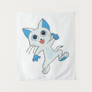 CUTE JUMPING LIGHT CYAN KITTEN WITH BLUE EYES,EARS TAPESTRY