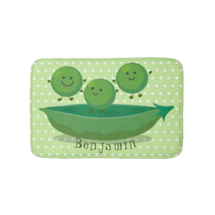 Cute jumping peas in pod cartoon illustration bath mat
