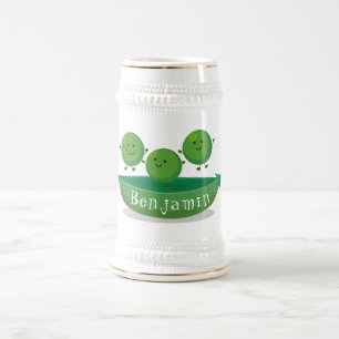 Cute jumping peas in pod cartoon illustration beer stein