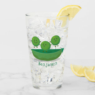 Cute jumping peas in pod cartoon illustration glass