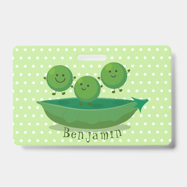 Cute jumping peas in pod cartoon illustration ID badge (Front)