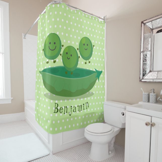 Cute jumping peas in pod cartoon illustration shower curtain (In Situ)