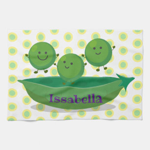 Cute jumping peas in pod cartoon illustration tea towel