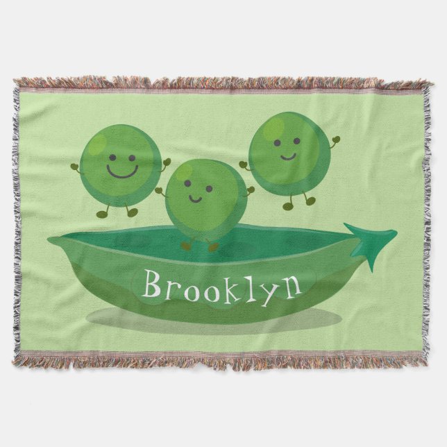 Cute jumping peas in pod cartoon illustration throw blanket (Front)