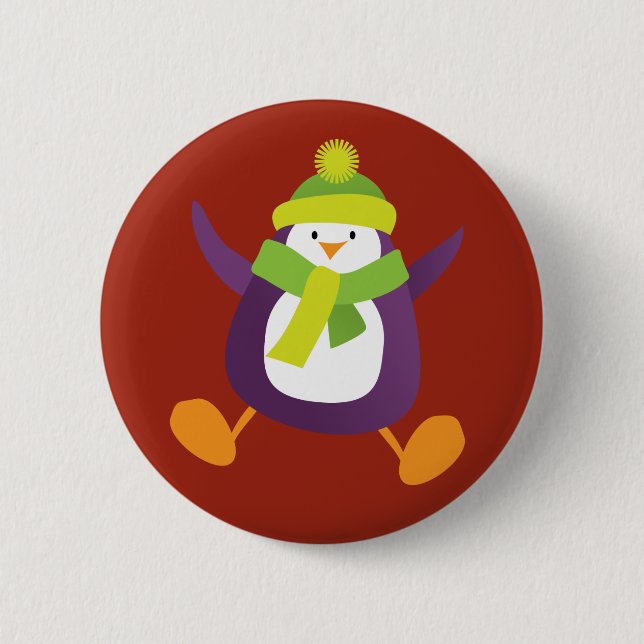 Cute Jumping Purple Penguin Button / Pin Badge (Front)