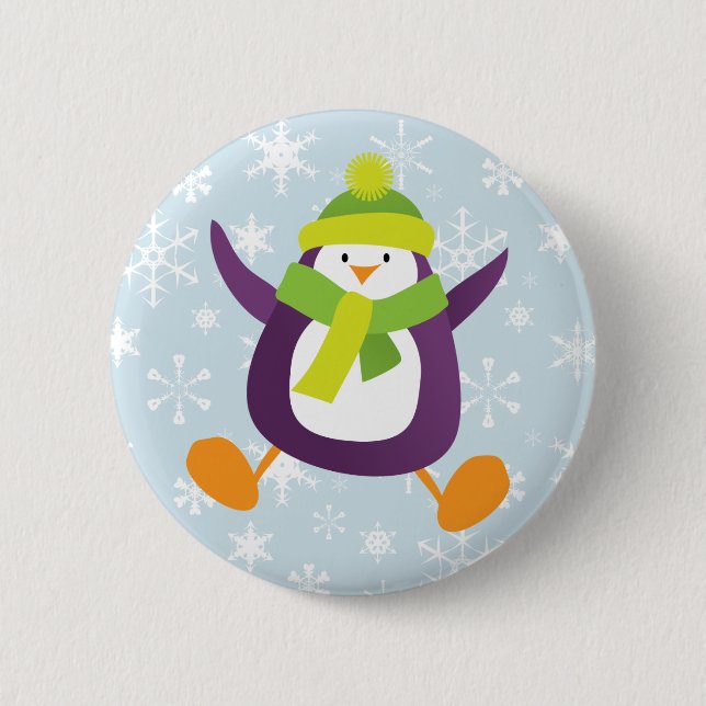 Cute Jumping Purple Penguin Button / Pin Badge (Front)