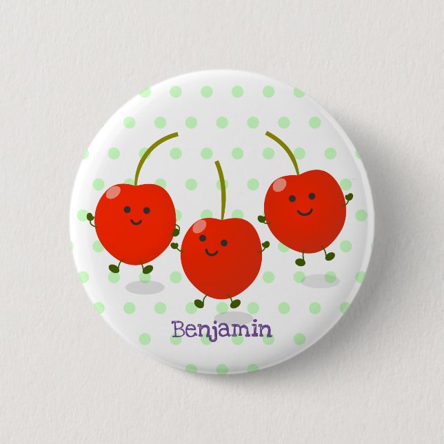 Cute jumping red cherries cartoon illustration 6 cm round badge (Front)
