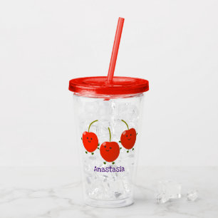 Cute jumping red cherries cartoon illustration acrylic tumbler