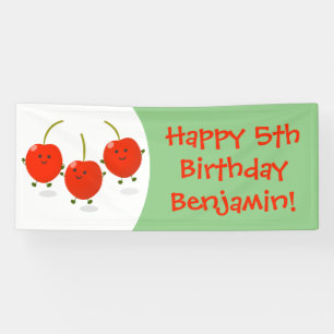 Cute jumping red cherries cartoon illustration banner