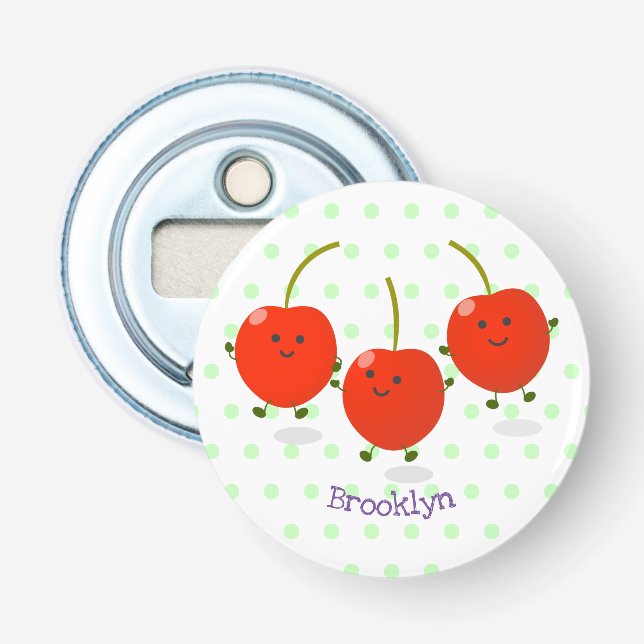 Cute jumping red cherries cartoon illustration bottle opener (Front)