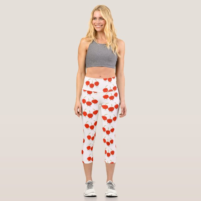 Cute jumping red cherries cartoon illustration capri leggings (Front)