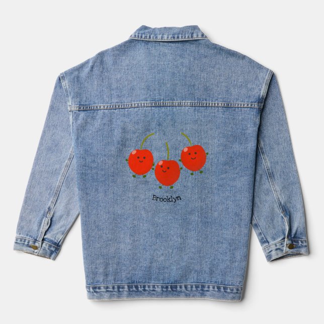 Cute jumping red cherries cartoon illustration denim jacket (Back)