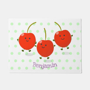 Cute jumping red cherries cartoon illustration doormat