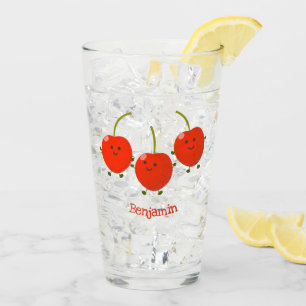 Cute jumping red cherries cartoon illustration glass