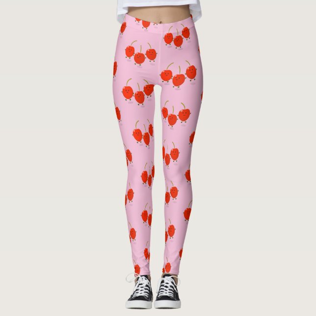 Cute jumping red cherries cartoon illustration leggings (Front)