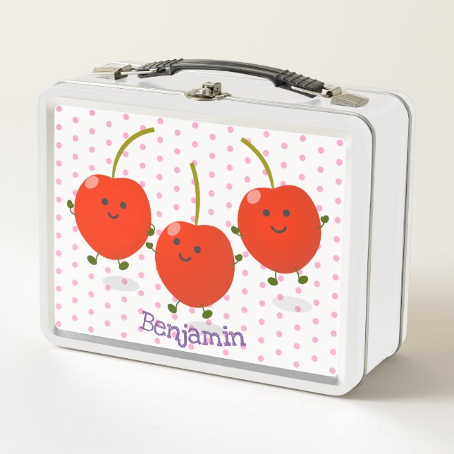 Cute jumping red cherries cartoon illustration metal lunch box (Front)