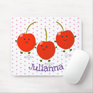 Cute jumping red cherries cartoon illustration mouse pad