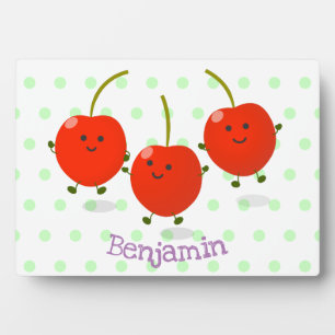 Cute jumping red cherries cartoon illustration plaque