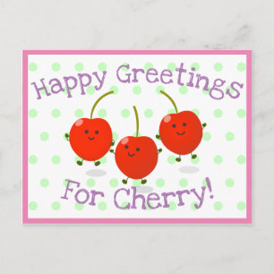 Cute jumping red cherries cartoon illustration postcard