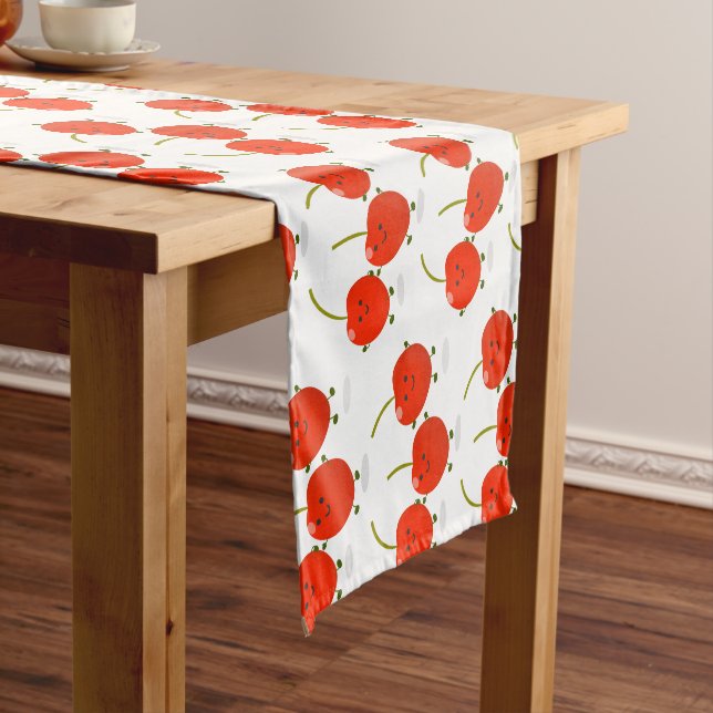 Cute jumping red cherries cartoon illustration short table runner (In Situ)