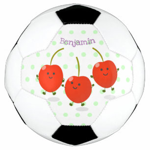 Cute jumping red cherries cartoon illustration soccer ball