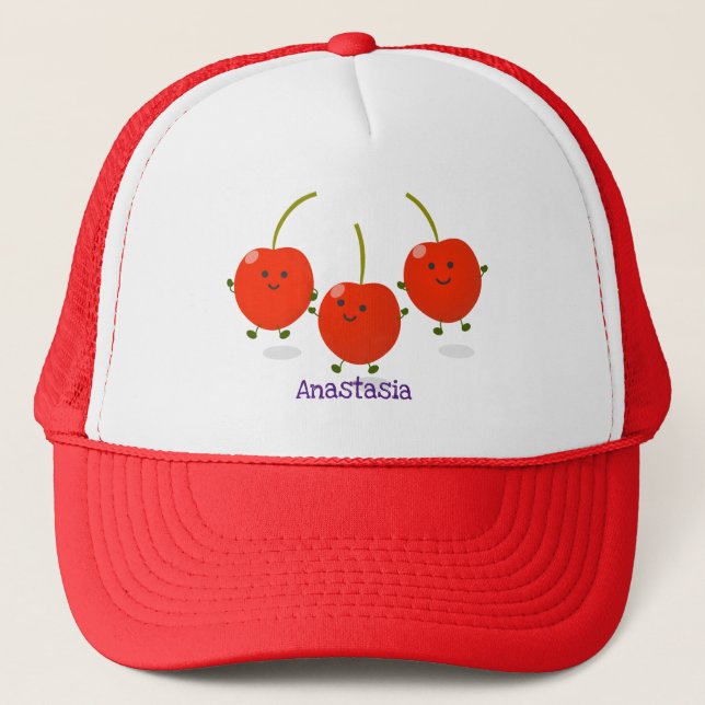Cute jumping red cherries cartoon illustration trucker hat (Front)