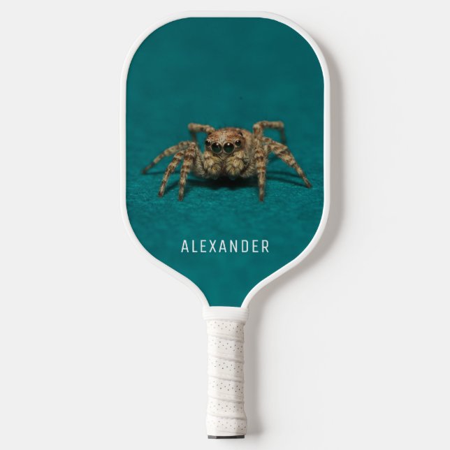 Cute Jumping Spider Custom Name Teal Personalised Pickleball Paddle (Front)