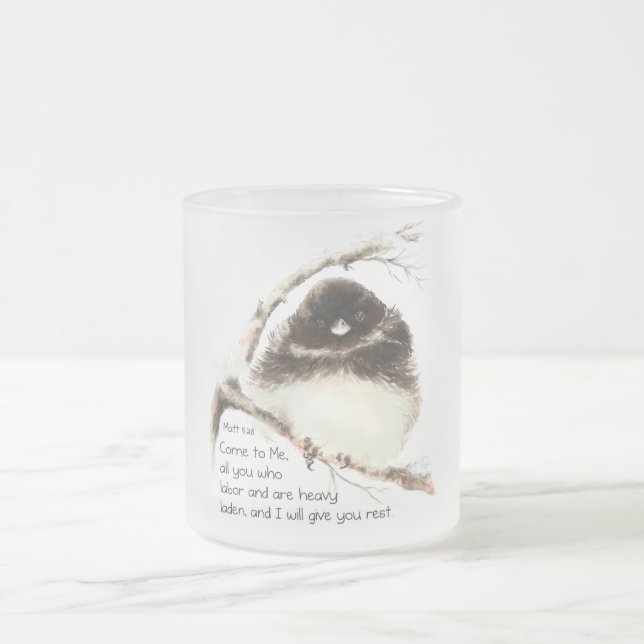 Cute Junco Bird, Scripture, Matt 11:28, Rest Frosted Glass Coffee Mug (Center)