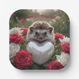 Cute June Hedgehog with Pearl Heart Paper Plate