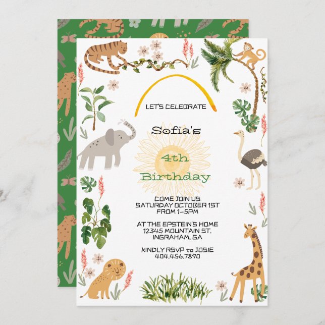 Cute Jungle Animal Birthday Invitation (Front/Back)