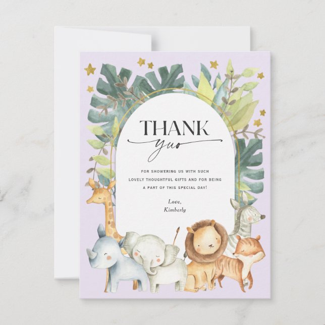 cute jungle animal forest purple baby shower thank you card (Front)