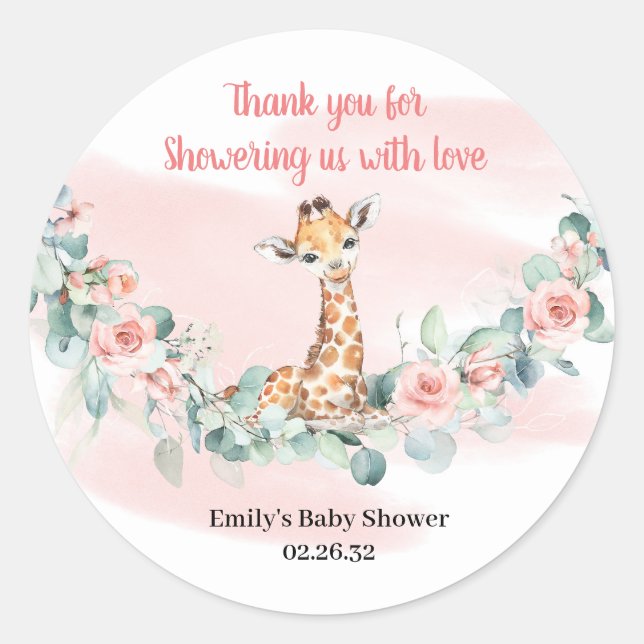 Cute Jungle Animal giraffe Girl Baby Shower  Classic Round Sticker (Front)