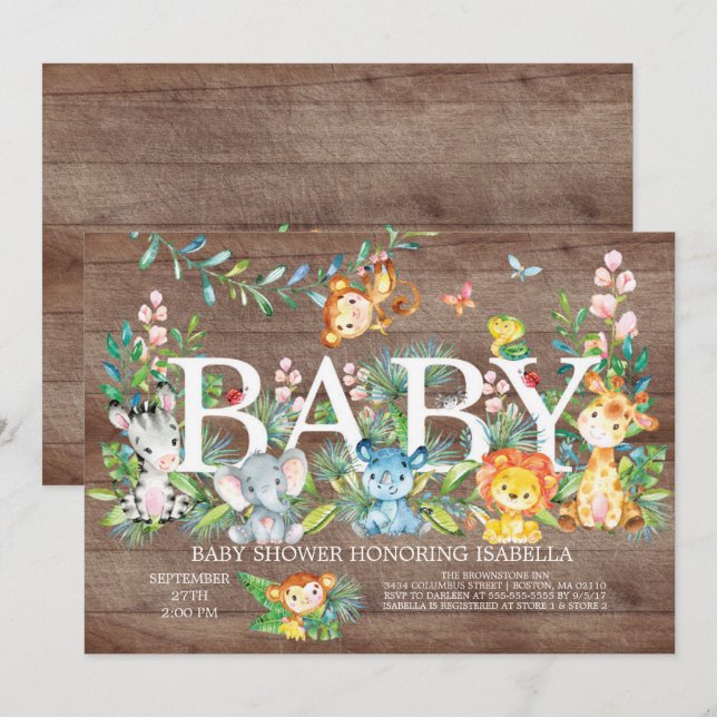 Cute Jungle Animal Girl Boy Baby shower Invitation (Front/Back)