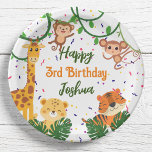 Cute jungle animal party happy birthday paper plate<br><div class="desc">Cute jungle animal party happy birthday personalised name party plates. Nice for toddler party with monkeys,  giraffe,  tiger and leopard.</div>