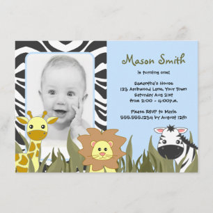 Cute Jungle Animal Photo Birthday Blue Invitation