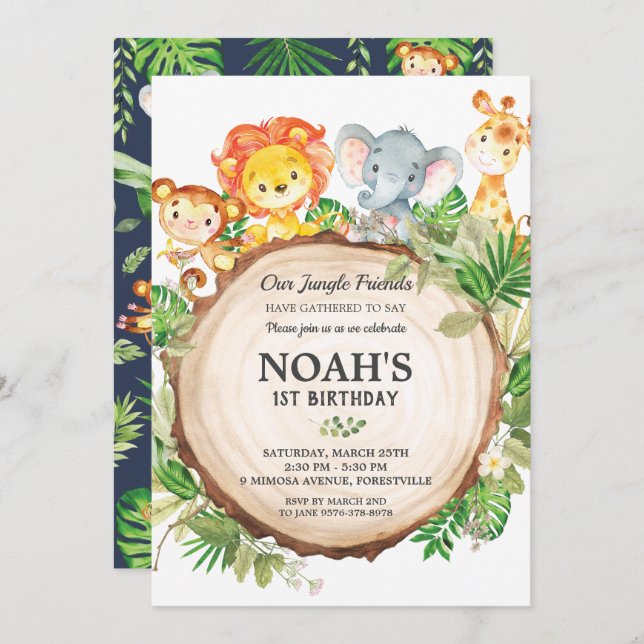 Cute Jungle Animals 1st Birthday Greenery Safari Invitation (Front/Back)