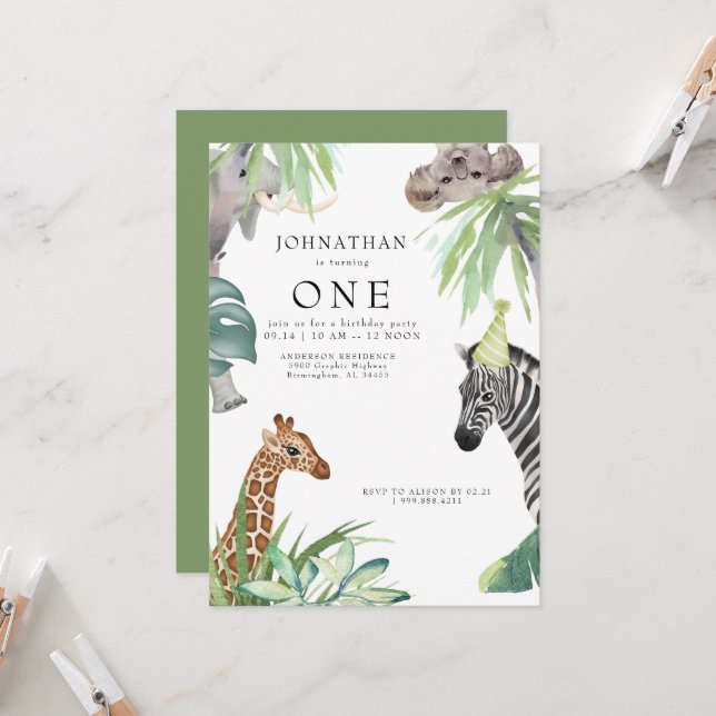 Cute Jungle Animals 1st Birthday Party Invitation (Front/Back In Situ)