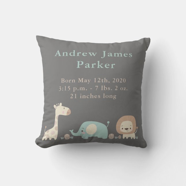 Cute Jungle Animals Baby Boy Announcement Pillow (Front)