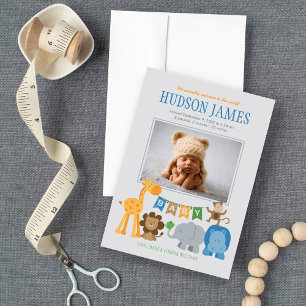 Cute Jungle Animals Baby Boy Blue Photo Birth Announcement