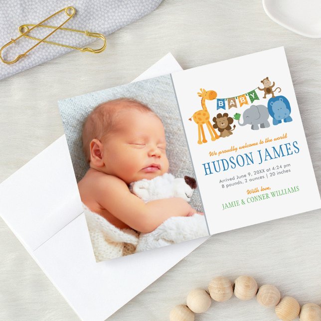 Cute Jungle Animals Baby Boy Blue Photo Birth Announcement (Creator Uploaded)