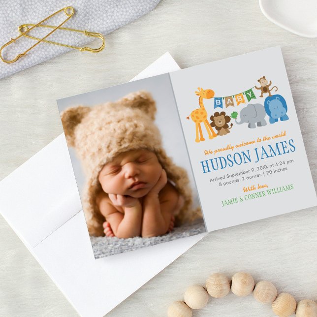 Cute Jungle Animals Baby Boy Blue Photo Birth Announcement (Creator Uploaded)